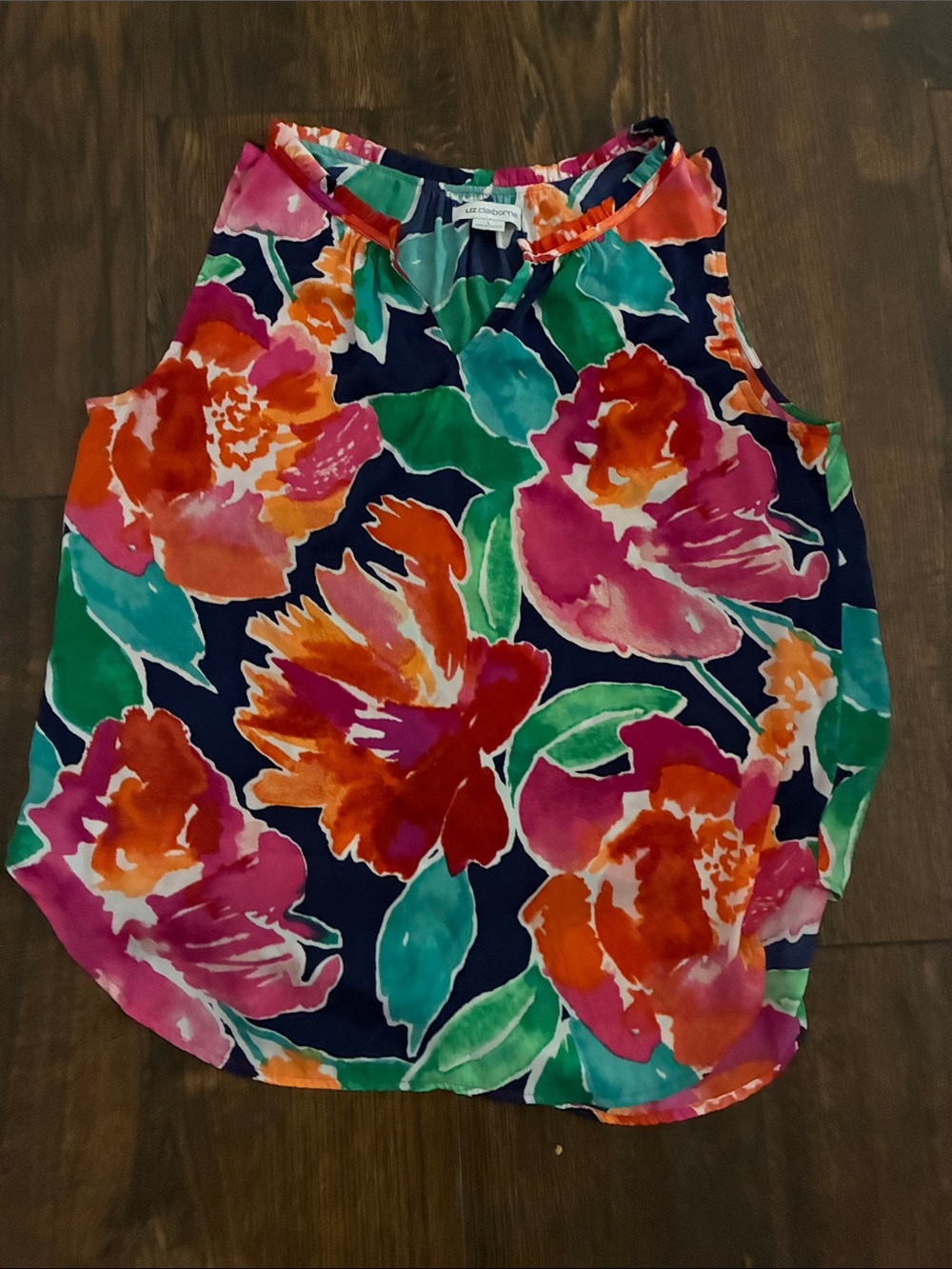 Liz Claiborne Navy Floral Sleeveless Top| Pink, Orange, and Green Blooms